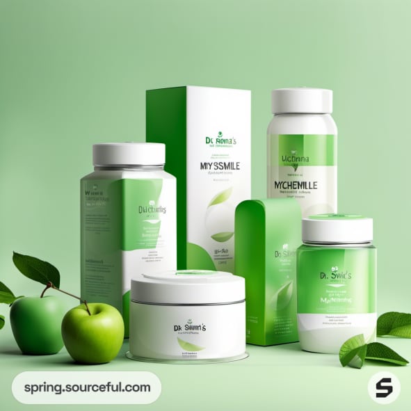 Green-themed skincare bottles and boxes with apple accents.