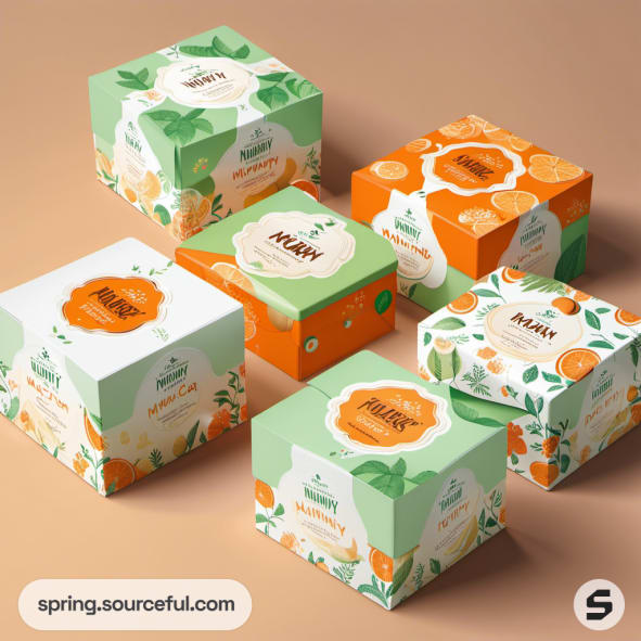 Assorted floral and citrus-themed packaging boxes in orange and green colors.