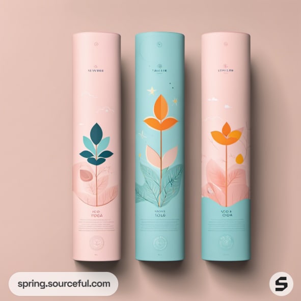 Three cylindrical containers with leaf designs in pastel colors.