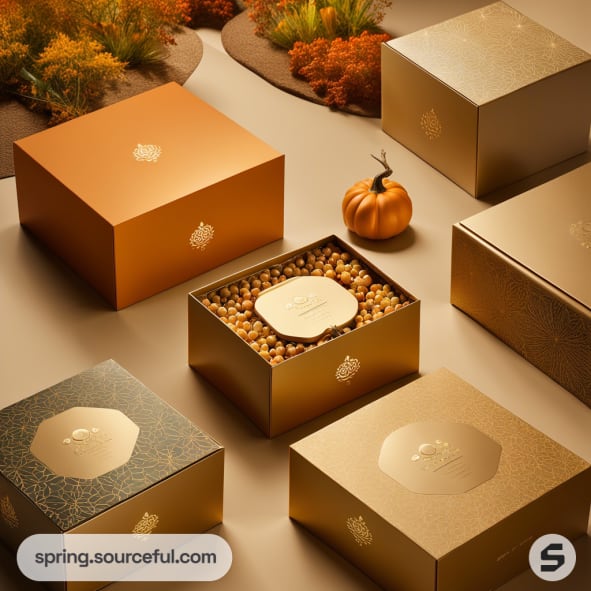 Golden gift boxes and a pumpkin surrounded by autumn foliage on a beige surface.