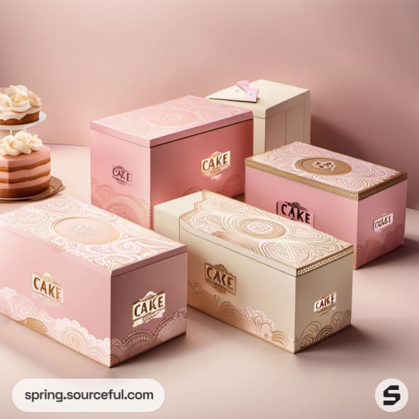 Pink cake boxes with intricate designs and 'CAKE' label