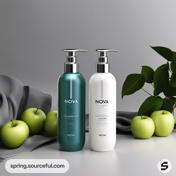 Green and white shampoo bottles with apples and foliage