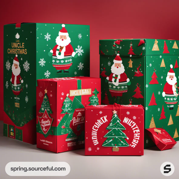 Santa-themed boxes in red and green colors.