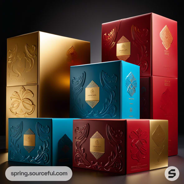 Stacked boxes in gold, red, and blue with embossed decorative designs.