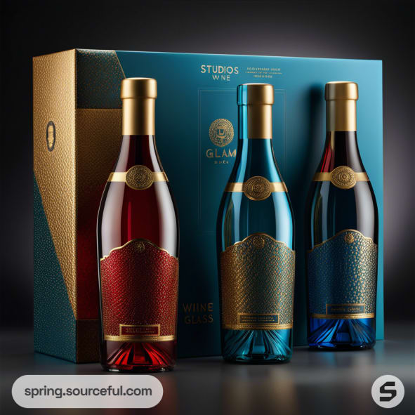 Three wine bottles in blue, red, and gold with embossed labels, in front of a matching textured gift box.