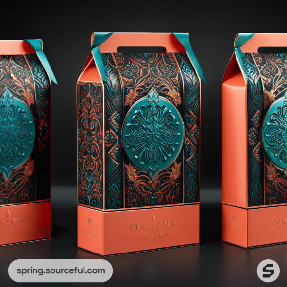 Ornate teal and orange gift boxes with intricate patterns and handles against a dark background.