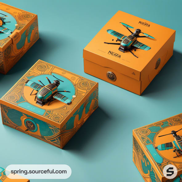 Orange and teal boxes with drone design on turquoise background.