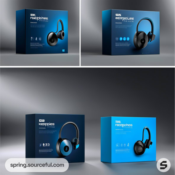 Blue and black headphone box with product image and details on the front.