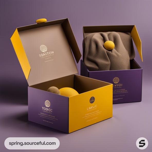 Two purple and yellow boxes with cloth-wrapped items inside on a purple background.