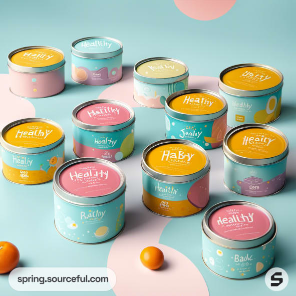 Colorful round tins with various flavors on a teal background.