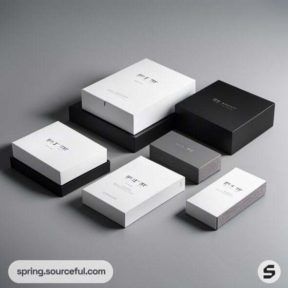 Minimalist black and white packaging boxes arranged in a grid.