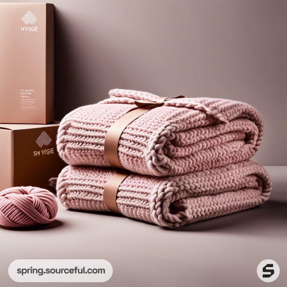 Pink knitted blankets tied with brown ribbon beside brown boxes.