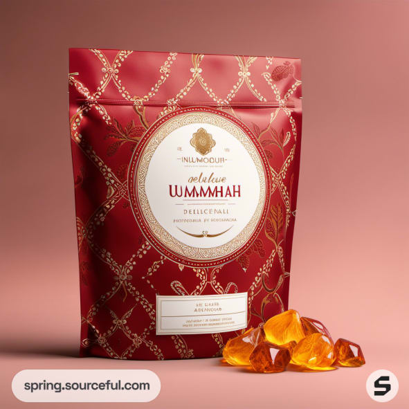 Red resealable pouch with decorative design and amber candies on a peach background.