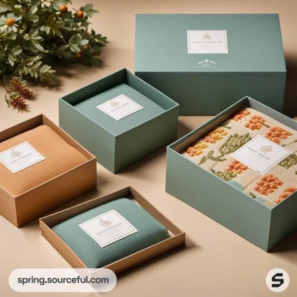 Decorative boxes with nature-themed patterns and earthy tones.