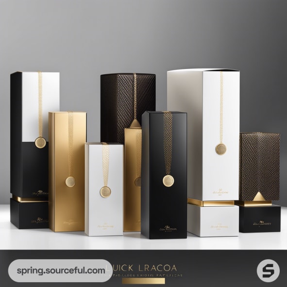 Elegant black and gold perfume boxes with geometric patterns on a gray background.