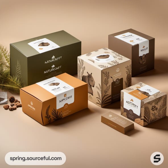 Assorted eco-friendly boxes with natural leaf designs and animal illustrations on a neutral backdrop.