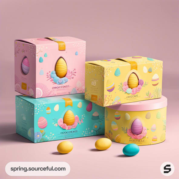 Colorful Easter-themed boxes with egg designs and pastel colors.