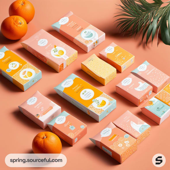 Orange and peach-themed boxes with citrus illustrations on a peach background.