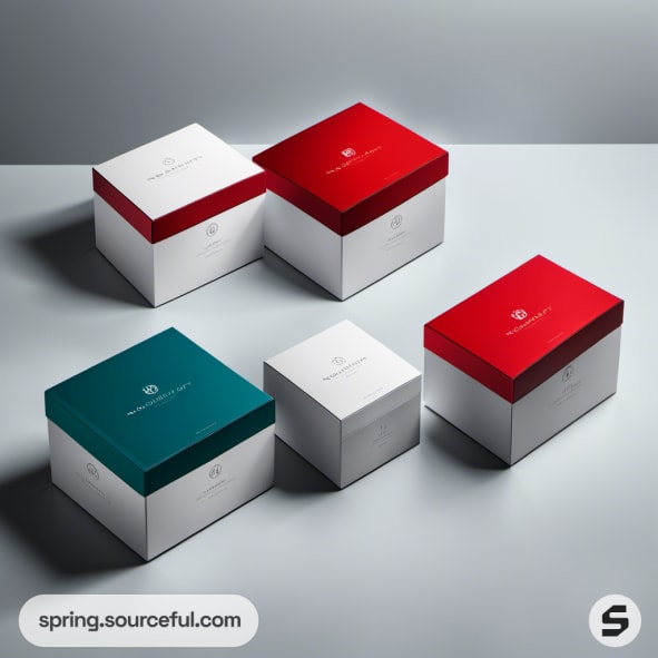 Stacked elegant boxes with red and teal lids on a gray background.