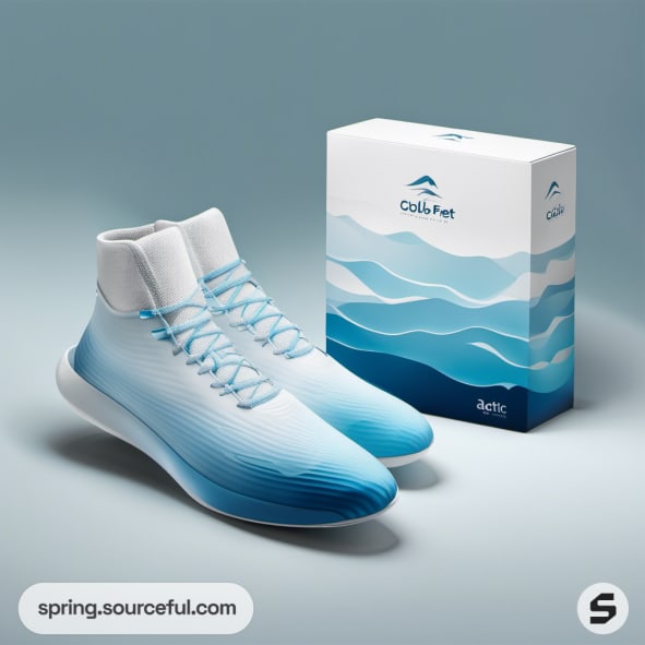 Blue-white gradient sneakers with matching box packaging on a blue background.