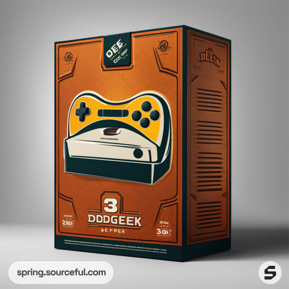 Box with a retro gaming controller design on orange packaging.