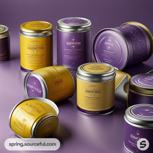 Purple and yellow spice tins with silver lids on a purple background.