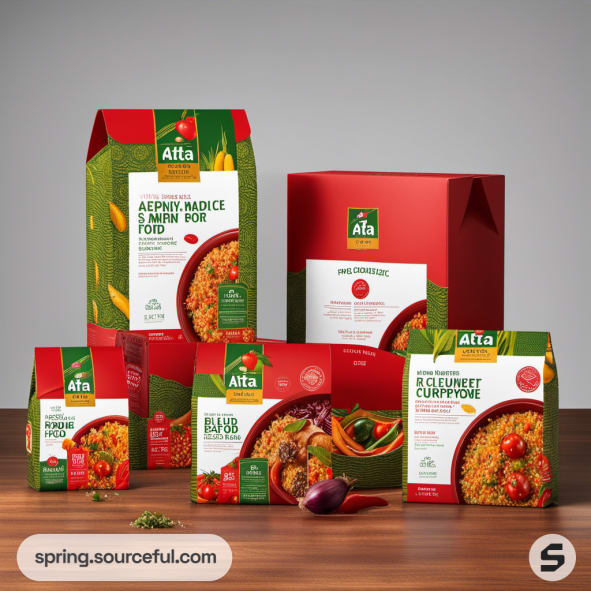 Assorted food packaging with green and red designs, featuring boxes and pouches.