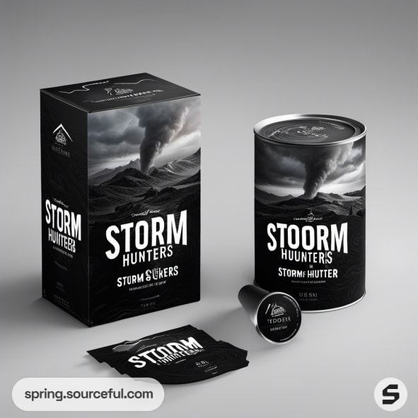 Black storm-themed box and cylindrical package with mountains design