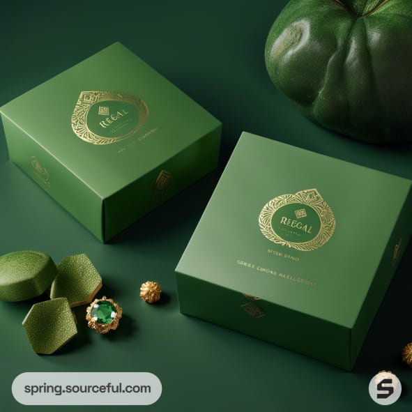 Green gift boxes with gold patterns and jewelry on dark green background