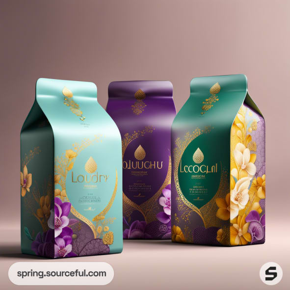 Elegant teal and purple paper coffee bags with floral designs on a gradient background.