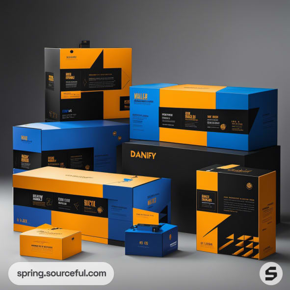 Stacked colorful mailer boxes with abstract designs in blue, orange, and black.