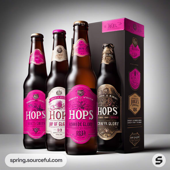 Four beer bottles with pink and black labels alongside a matching gift box on a gray background.