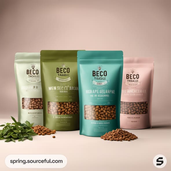 Four bags of animal food in pastel colors with scattered grains.