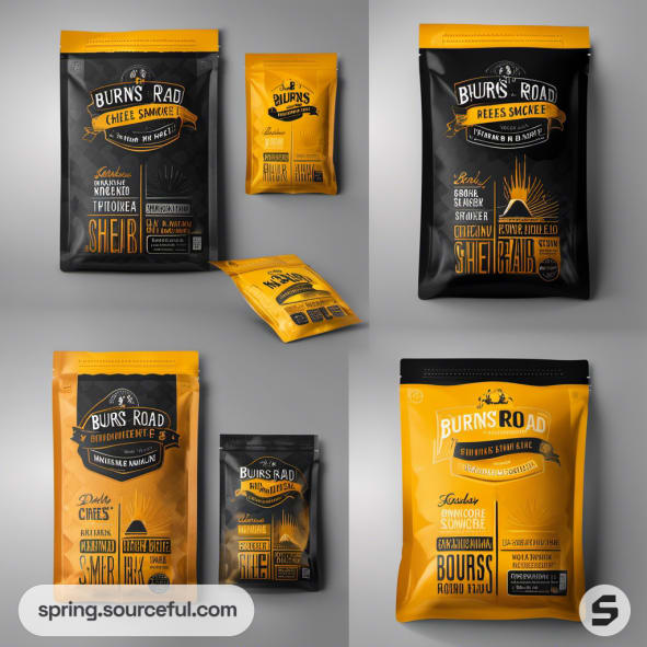 Black and yellow packaging with cheese imagery, various pouch sizes.