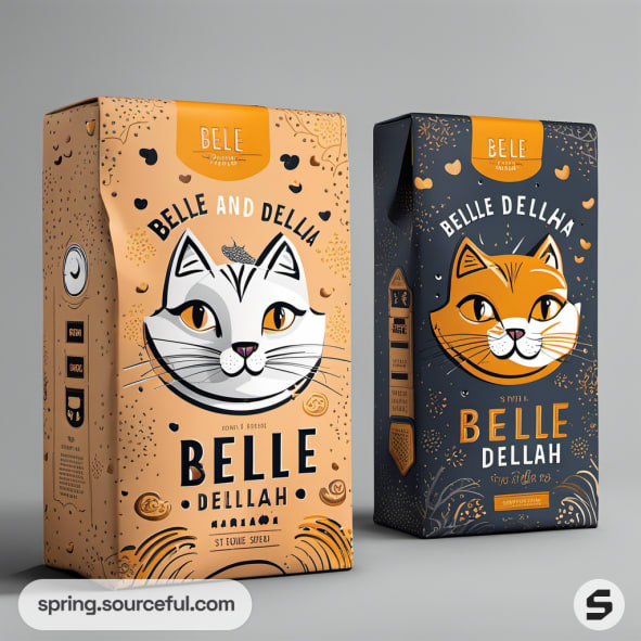 Tan and black cat food bags with cat illustrations and text.