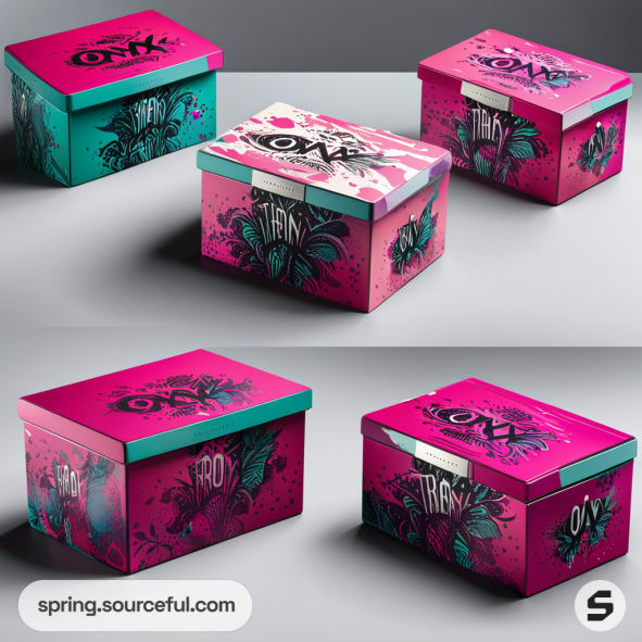 Colorful mailer boxes with graffiti-style designs, featuring pink and teal colors and bold text graphics.