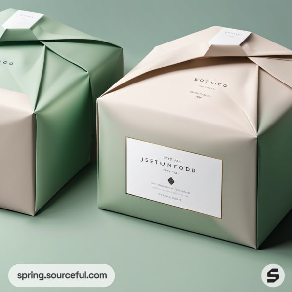 Elegant gift boxes in sage green and beige with folded paper design and white labels, set on a muted green background.