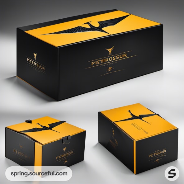 Black and orange box featuring pterosaur design, sleek packaging.