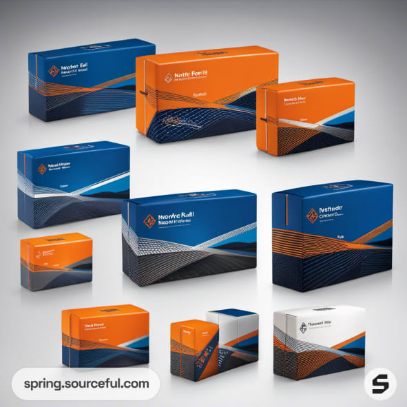 Assorted blue and orange mailer boxes with curved patterns.