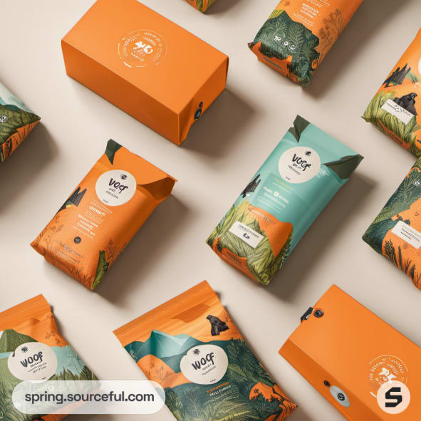 Orange and green pet food packages with nature-themed designs on a beige surface.