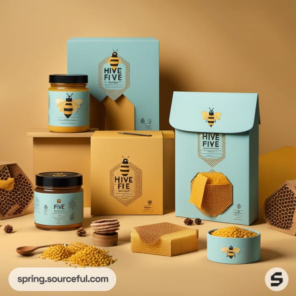 Assorted honey packaging with bee designs and hexagonal patterns.