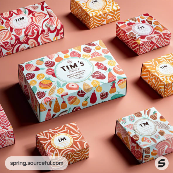 Colorful pastry-themed boxes in various patterns on a peach background.