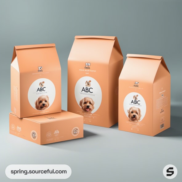 Orange and white pet food boxes with dog image on teal background.