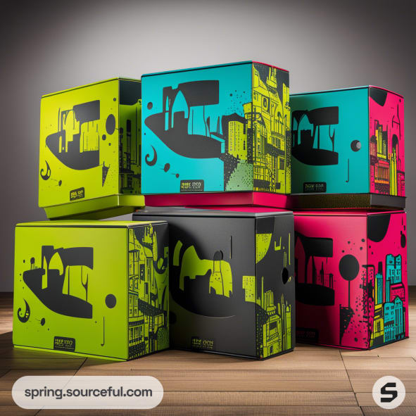 Stack of colorful mailer boxes with abstract cityscape designs in green, pink, and turquoise on a wooden floor.