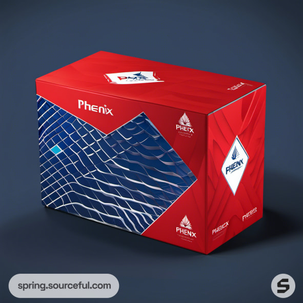 Red and blue mailer box with geometric patterns and wave design.