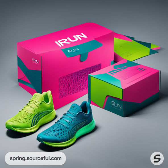 Bright green and blue sneakers with pink and green shoe boxes.