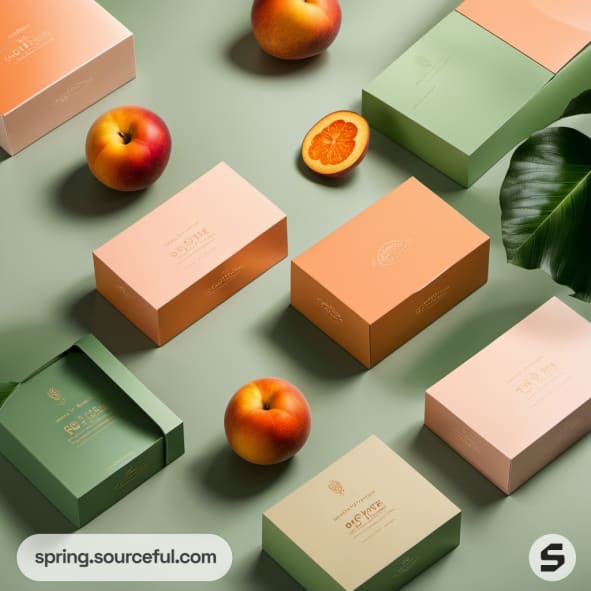 Colorful mailer boxes with green and peach designs, surrounded by fruits and leaves on a green surface.