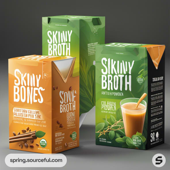 Three bone broth drink cartons with nature designs.