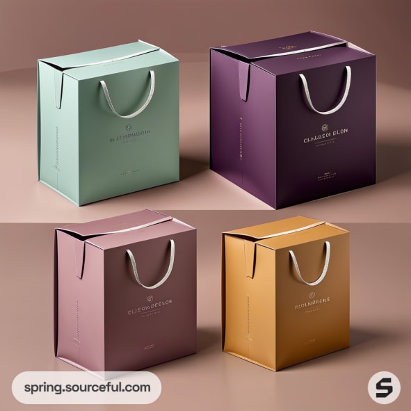 Four elegantly designed matte gift bags in pastel green, purple, and gold, each with a white handle on a smooth surface.