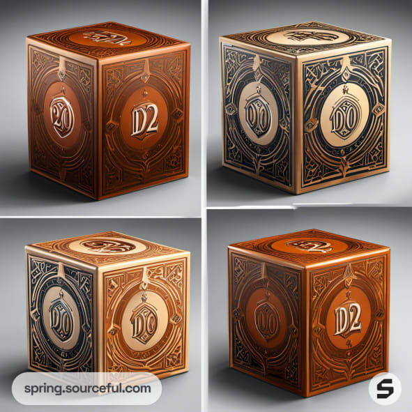 Elegant dice themed boxes in brown and gold with intricate designs.